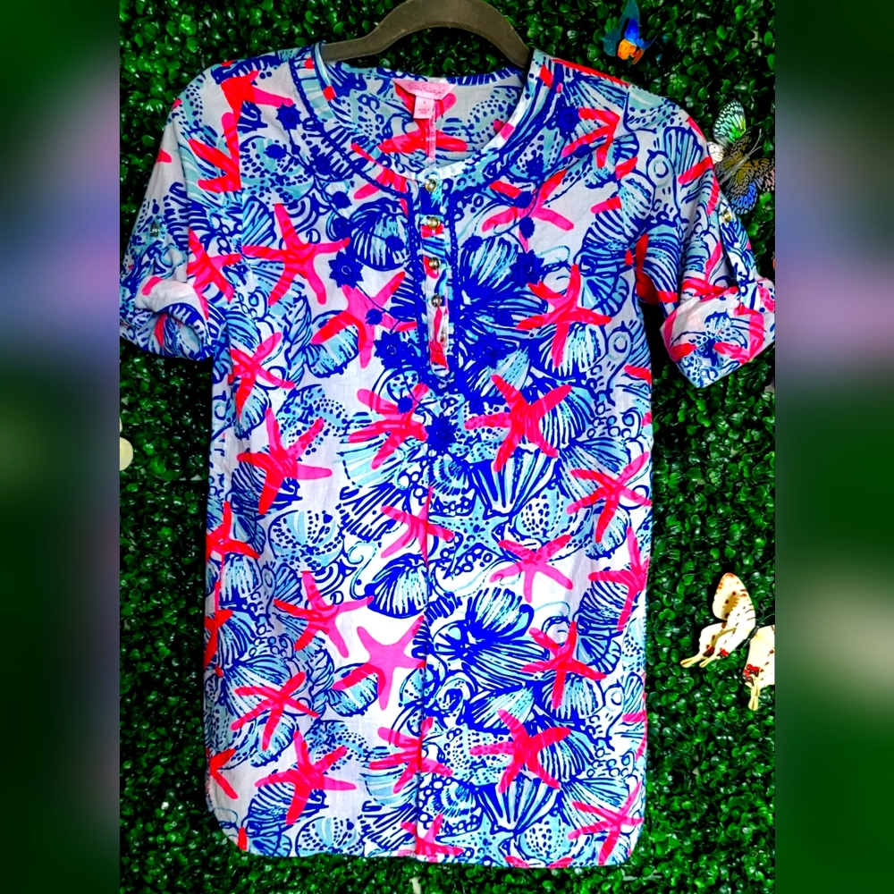 Lilly Pulitzer Hot Pink & Blue Sarasota Embroidered Blouse Large